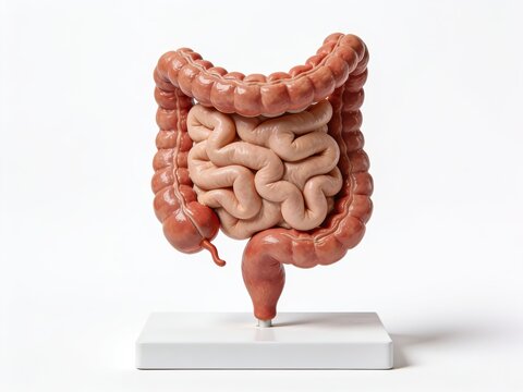 Human intestinal system anatomical model showing small large intestine cecum appendix rectum isolated on white background.