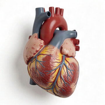 Human heart anatomical model showing exterior cardiac structure coronary vessels aorta isolated on white background.