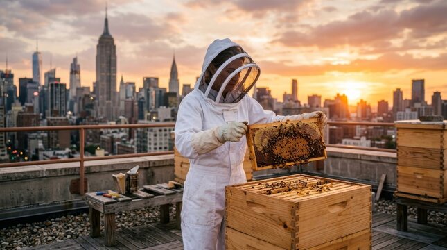 Female beekeeper in protective suit inspecting a honeycomb frame at sunset on a New York City rooftop