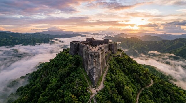 Aerial view of Citadelle Laferriere fortress on a green mountain ridge surrounded by clouds at sunset in Haiti