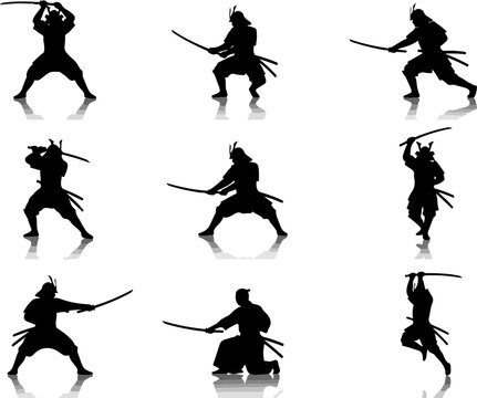 Samurai warrior silhouettes set with katanas in various poses