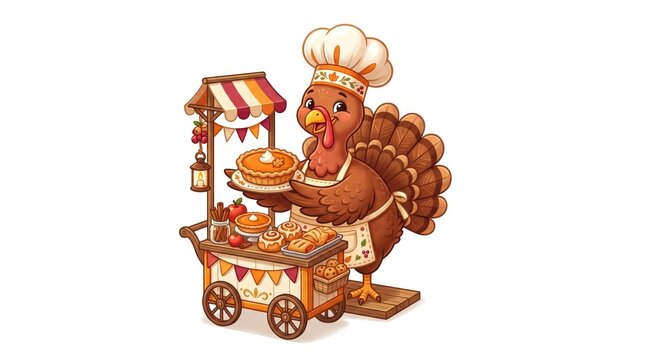 Cartoon bear chef serving a delicious pancake from a mobile food cart