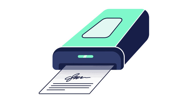 Modern Vector Illustration of a Portable Device Printing a Signed Document or Receipt for Digital Transaction and Business Automation Concept