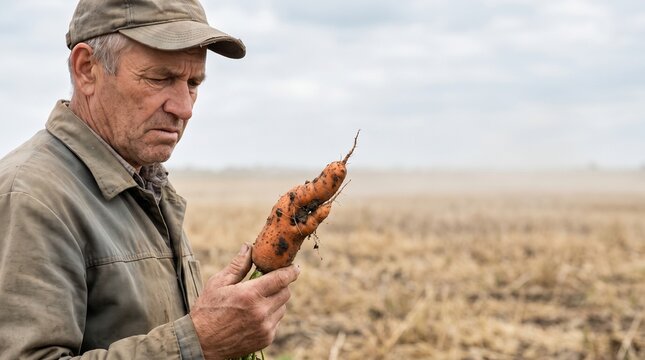 育ちが悪く泥まみれで変形した一本の人参を厳しい表情で見つめるベテラン農家   
