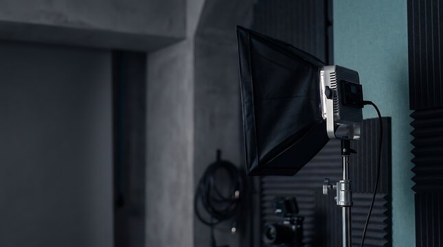 Professional studio lighting setup featuring a softbox on a sturdy stand, illuminating a modern creative space for photography or video production