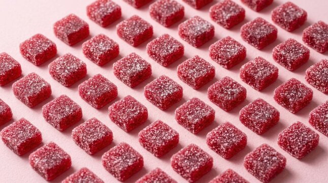 Grid of red sugar-coated gummy squares arranged diagonally on pale pink, macro confectionery photography, crystalline texture, strong geometric repetition, vivid crimson palette, soft studio shadows