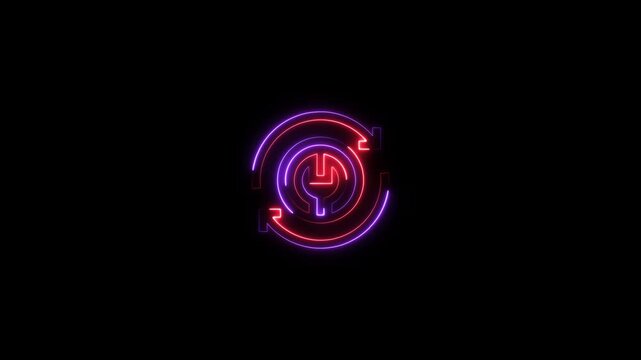 Neon wrench icon rotating in a glowing circular frame on a black background