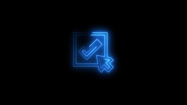 Glowing blue neon checkmark icon with cursor animation on a black background for digital interface