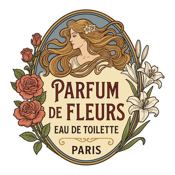 Elegant Art Nouveau perfume label vector with vintage portrait of a woman, floral roses, and lily flowers. Retro design for French eau de toilette packaging, cosmetics, and beauty products.