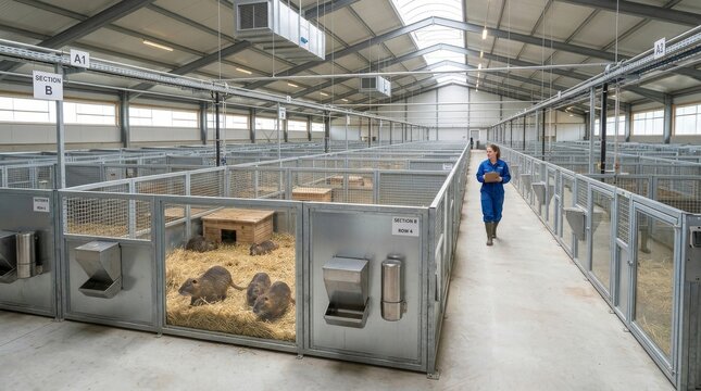 Caucasian young adult female veterinarian holding clipboard while inspecting coypu nutria inside a modern agricultural facility