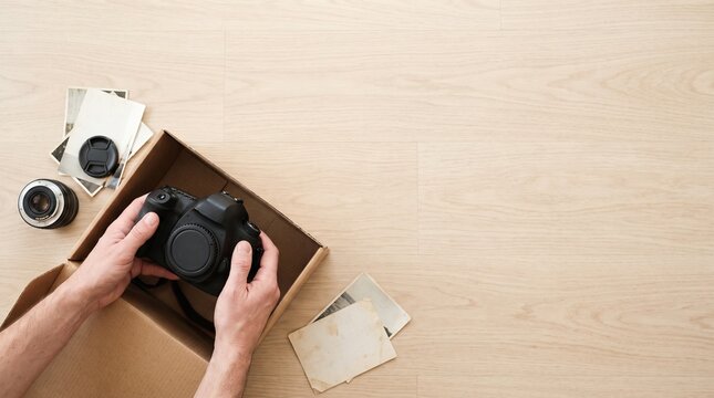 段ボール箱から愛用の一眼レフカメラやレンズを取り出して手入れをする手元   
