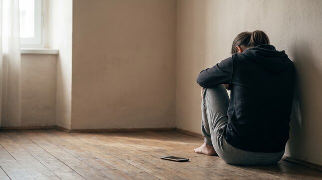 床に置かれたスマートフォンを前に壁際で膝を抱えて落ち込む人物の孤独と絶望