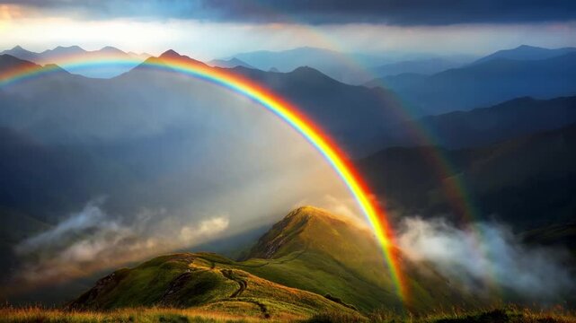 Rainbow Arches over Mountain Peaks at Sunrise with Misty Valleys and Vibrant Colors in Cinematic Nature Landscape
