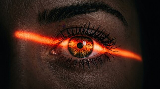 Extreme close-up of a human eye crossed by a narrow red-orange beam of light, dramatic beauty photography, deep black shadows, sharp iris detail, warm glowing stripe, high contrast, mysterious