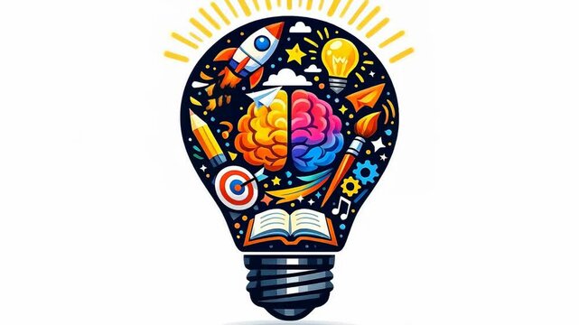 Stylized lightbulb with a brain and icons representing creativity and innovation