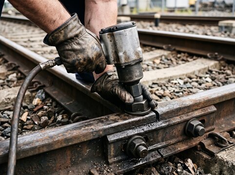 Male worker using a heavy duty pneumatic impact wrench to tighten bolts on a railroad track joint bar