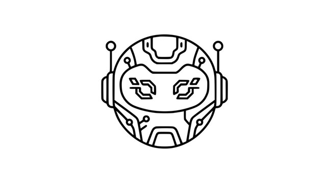 Futuristic Cybernetic Robot Head Outline Icon Featuring Smart AI Chatbot Avatar and Cyberpunk Android Mascot Symbol for Modern Tech Logo Designs
