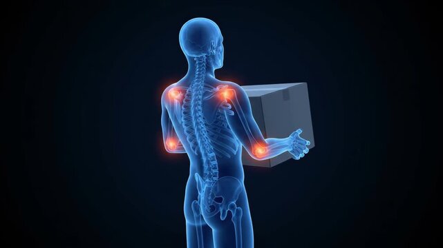 3d medical illustration of joint pain while lifting a heavy box