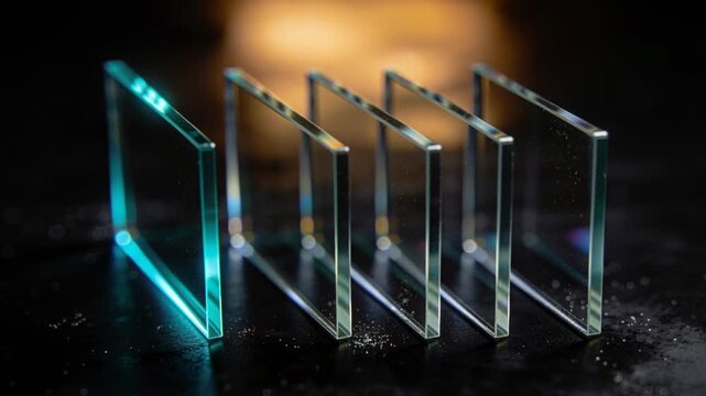 Shifting focus revealing amber glares rainbow bands showing color fringe on glass panes in studio
