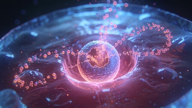 Approaching particle stream entering spherical vesicle breach in gel matrix, forming orbital helix
