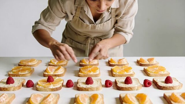 Reaching cook in apron placing raspberries on toast grid in kitchen, preparing toasts with oranges