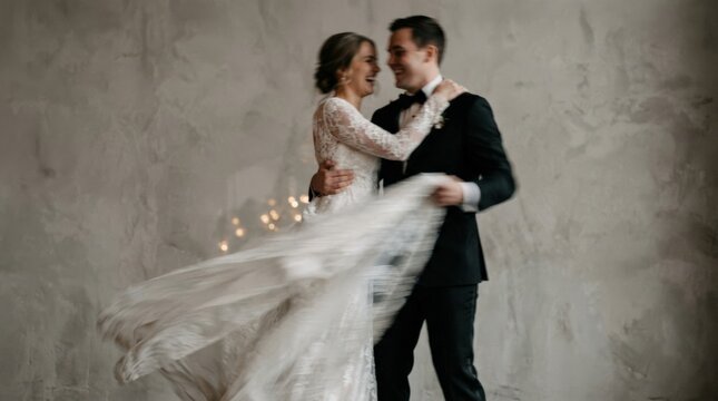 Newlywed couple in formal wedding attire caught in an intentionally blurred dance embrace, artistic wedding photography, flowing white dress and black suit merging through motion, neutral gray wall,