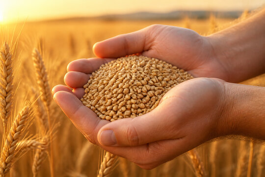 Hands holding a handful of grain in a golden wheat field at sunset.