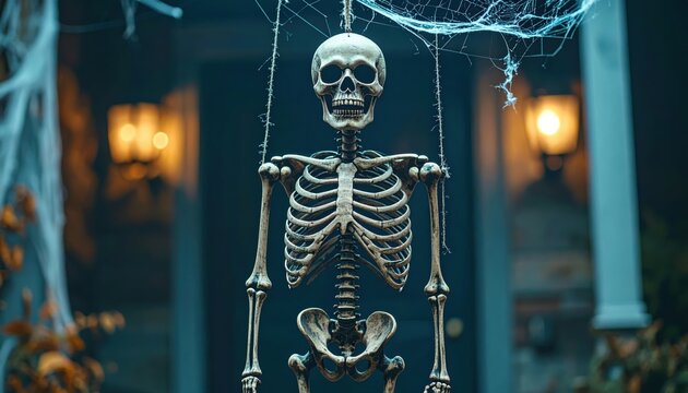 Skeleton decor concept featuring a decorative human skeleton hanging at the entrance of a haunted house