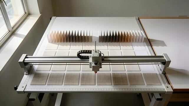 Starting command, moving flatbed gantry tracing rows at table, cutting blanks, accordion stack fans