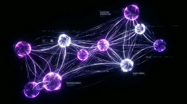 Futuristic quantum computing concept with glowing purple qubit array nodes and entanglement network lines on a dark background