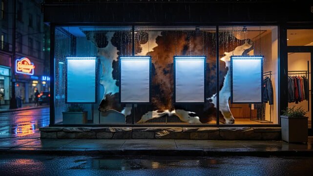 Pulsing shop window casting blue light on wet street, four posters, passing cars making street glow
