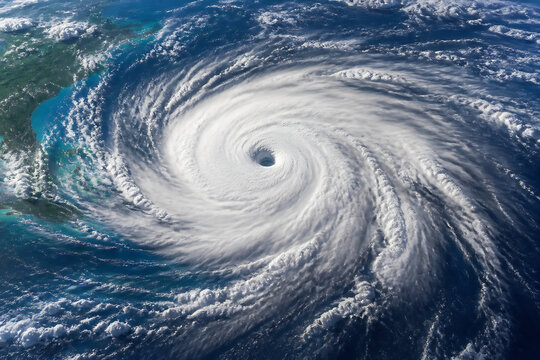 A massive hurricane or tropical cyclone is shown swirling over the ocean near a coastline.