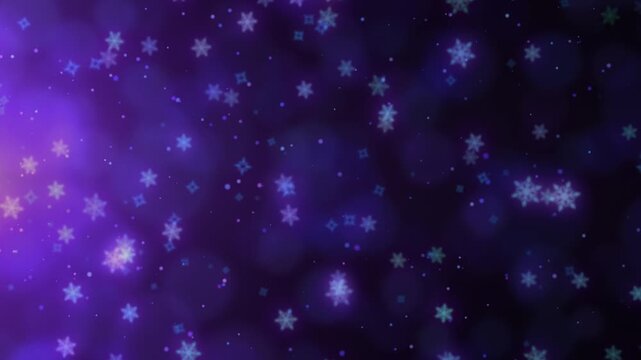 紫の幻想的な光の中を横に流れる雪の結晶とパーティクルのループ背景動画 / Looping background video of snowflakes and particles drifting horizontally through ethereal purple light