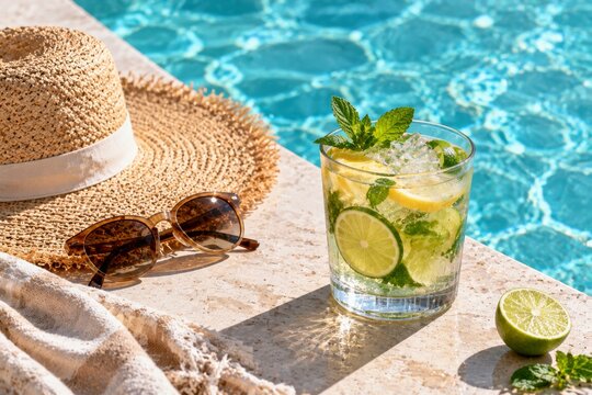 Refreshing Drink Beside Pool With Summer Hat and Sunglasses