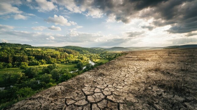 A dramatic landscape showcases a cracked, dry earth plateau juxtaposed against a vibrant, lush valley. A river meanders through the green valley, reflecting the sky.