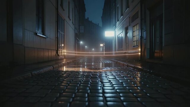 Starting with warm light streaks crossing, wet cobbled alley reflecting gold bands and puddles