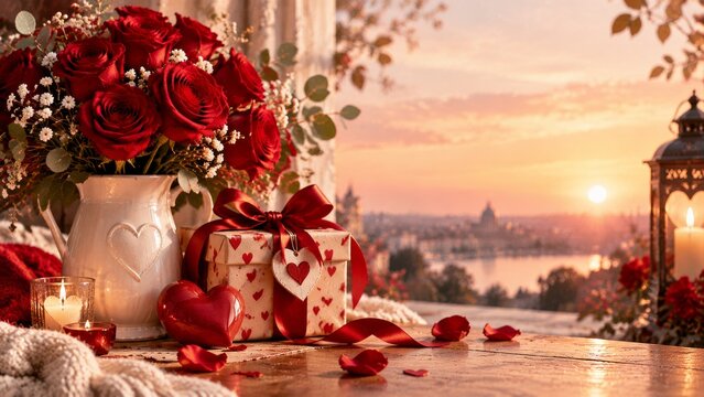 Valentines Day Setup With Roses, Gift, and Sunset View by the Water