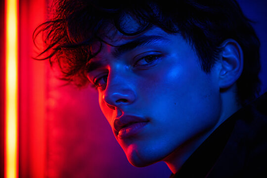 A young man with dark, wavy hair is dramatically lit by red and blue neon lights.