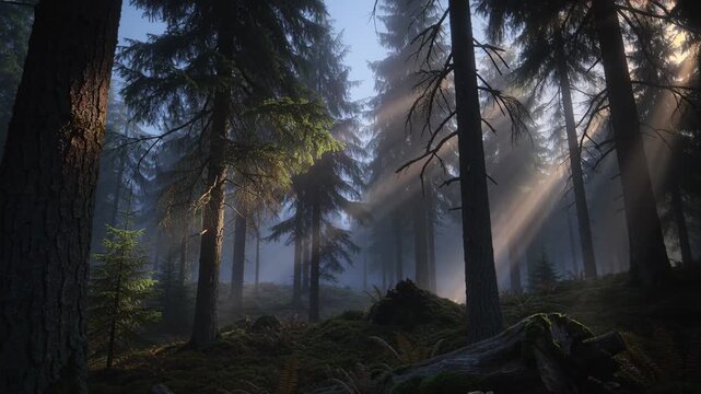 Sunrise sending sunbeams sweeping across mossy conifer forest clearing, revealing bracket mushrooms