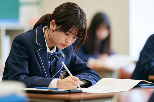 Diligent Japanese Female Student Studying Seriously in Classroom