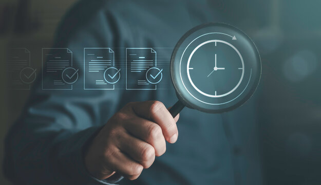 Document audit and time management concept, compliance, inspection, accuracy, productivity, and workflow control. Magnifying glass examining verified digital records and a clock.