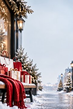 Snowy Scene With Presents and Decorations During Winter Holiday Season