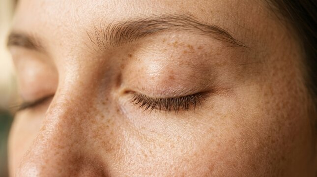 Extreme close-up of a freckled eyelid and cheek with the eye gently closed, premium skincare photography, warm natural skin texture, soft golden-beige lighting, visible pores and lashes, intimate crop