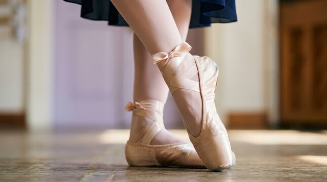 Close-up of ballet dancer's feet in pale satin pointe shoes, elegant performing-arts photography, softly blurred lavender and cream background, warm natural light, delicate ribbons and fabric texture,