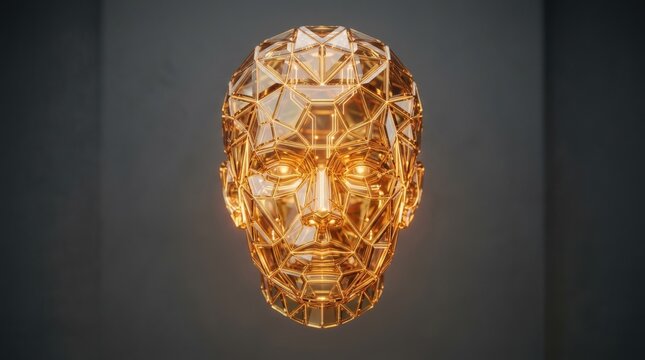 Floating faceted human face made from translucent golden glass panels, futuristic AI and identity sculpture, warm internal illumination glowing through crystalline geometry, clean gray background,
