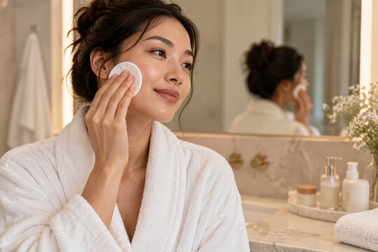 Woman Using Cotton Pad to Cleanse Her Face in a Bright Bathroom