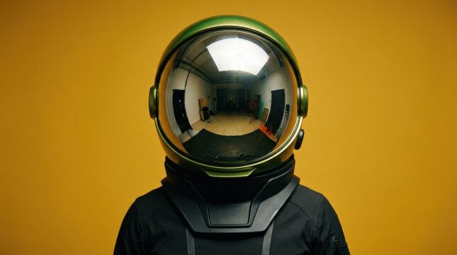 Futuristic figure in black high-neck clothing wearing a large mirrored spherical visor, minimalist fashion portrait against a mustard-yellow background, reflective green-gold helmet surface, strong