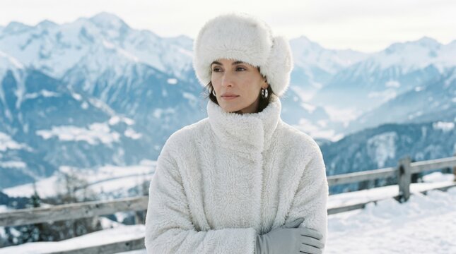Elegant winter woman in fluffy white outerwear and fur hat framed against pale snowy mountains, editorial fashion portrait, icy blues, whites and soft grays, gentle daylight and luxurious seasonal