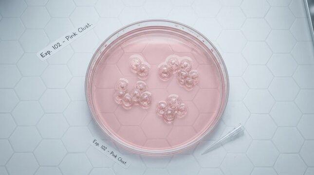 Petri dish filled with translucent pink cell clusters on a pale hexagonal laboratory surface, clean biomedical top-view photography, soft coral fluid and delicate spherical cells, cool white-gray