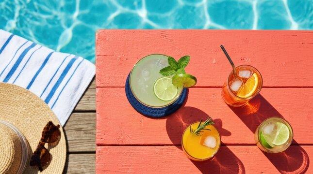 Overhead poolside drink scene with a pale green cocktail on a dark blue coaster over a vivid coral surface, other orange drinks partially visible, crisp sun shadows, saturated retro palette, summer